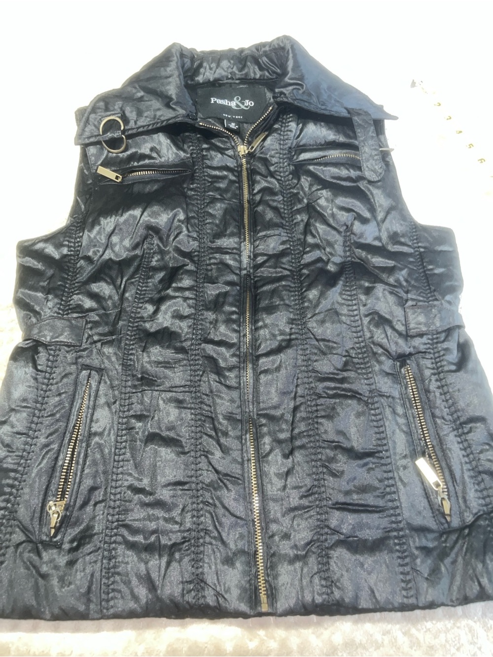Pasha & Jo Shiny Black Quilted Zip Vest
